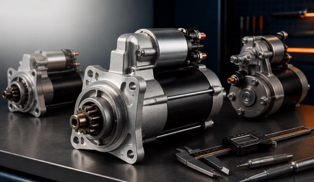 Starter motor identification guide showing drive gear, solenoid, mounting flange and measuring tools