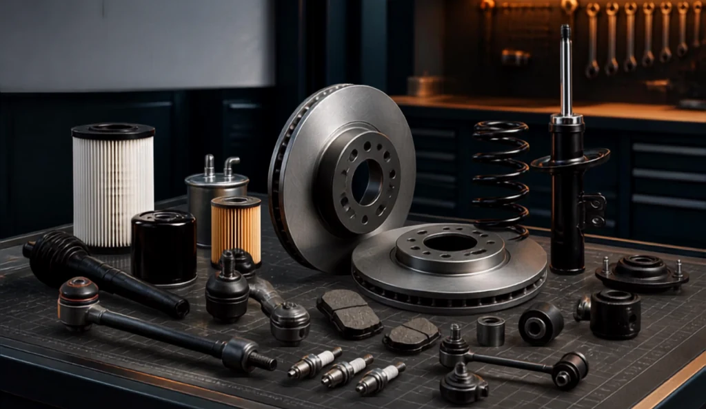 Toyota parts identification guide showing filters, brake discs, suspension and service components